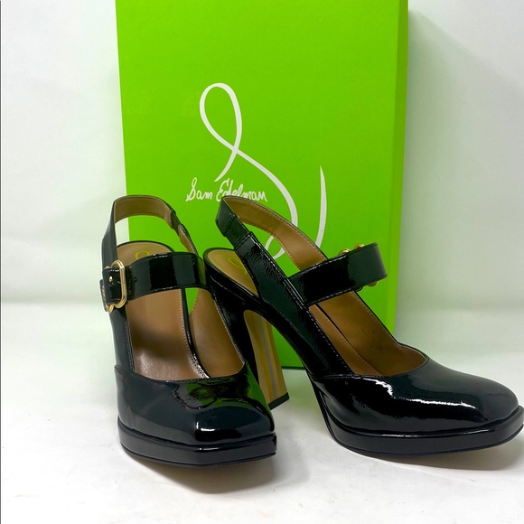 Sam Edelman Black Patent-Like Slingback Heels Size 9 Excellent Condition - Picture 1 of 16